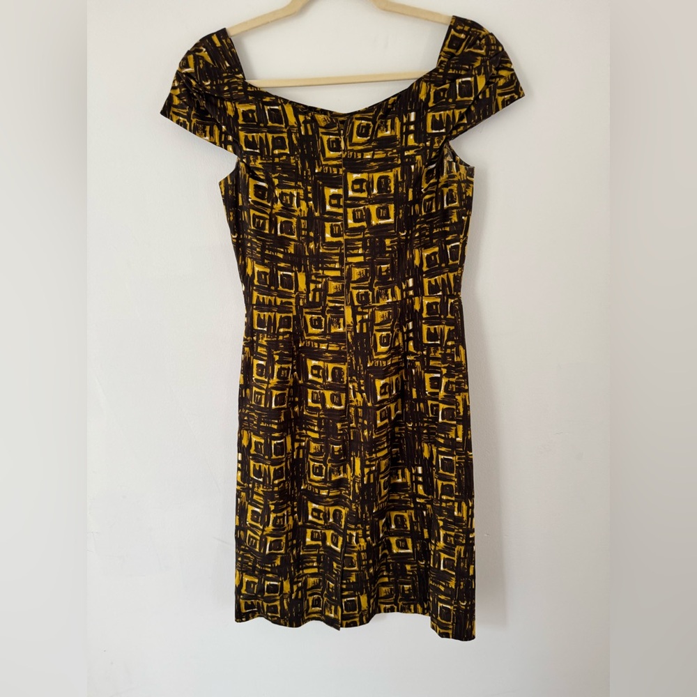 Milly New York Boatneck Cap-Sleeve Brown and Yellow Abstract Dress 2 - Picture 4 of 7